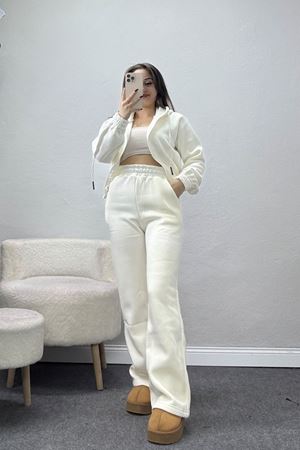 3 İplik Crop Palazzo Eşofman Takımı Ekru - 50914.1878.