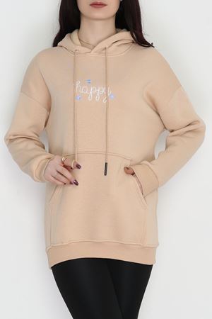 3 İplik Kanguru Cepli Kapşonlu Sweat Bej - 52100.1878.