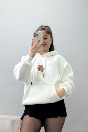 3 İplik Kanguru Cepli Kapşonlu Sweat Beyaz - 42254.1878.