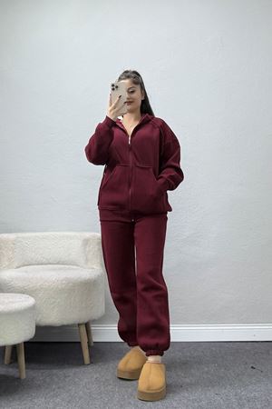 3 İplik Kapşonlu Eşofman Takımı Bordo - 20255.1878.