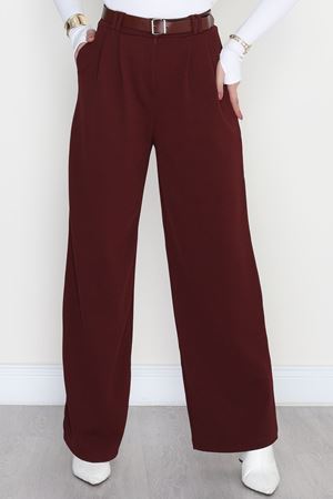 Kemerli Zra Krep Palazzo Pantolon Bordo - 30777.1865.