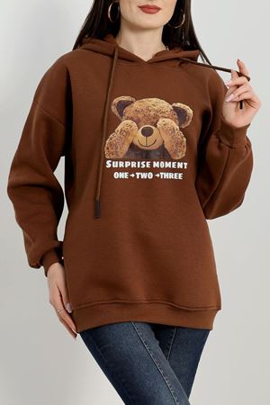 3 İplik Kapşonlu Baskılı Sweat Kahve - 42220.1878.