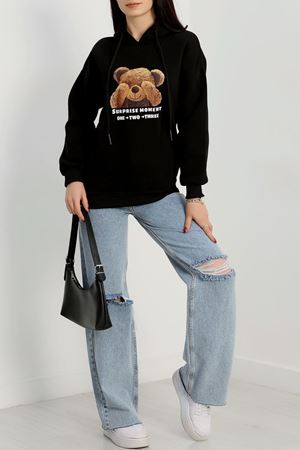 3 İplik Kapşonlu Baskılı Sweat Siyah - 42220.1878.