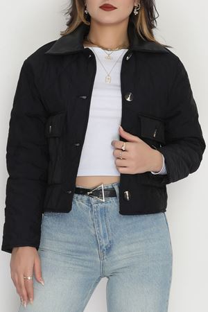 Deri Yaka Astarlı Kapitone Mont Siyah - 31632.439.