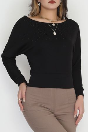 Taş Detay Kayık Yaka Bluz Siyah - 4129.1247.