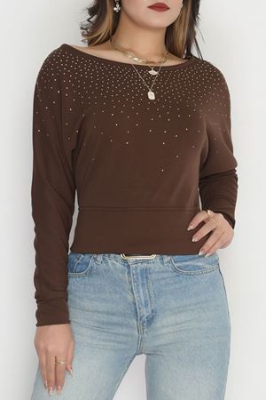 Taş Detay Kayık Yaka Bluz Acıkahve - 4129.1247.