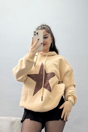 3 İplik Kapşonlu Baskılı Sweat Bejkahve - 42225.1878.