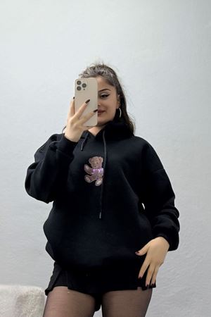 3 İplik Kapşonlu Baskılı Sweat Siyah - 42229.1878.