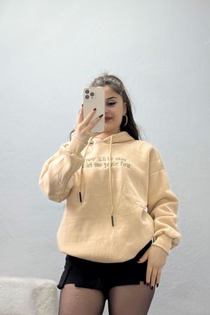3 İplik Kapşonlu Nakışlı Sweat Bejkahve - 42231.1878.