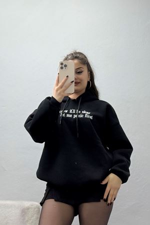 3 İplik Kapşonlu Nakışlı Sweat Siyahbeyaz - 42231.1878.