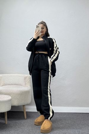 3 İplik Keten Şeritli Eşofman Takım Siyah - 40017.1857.