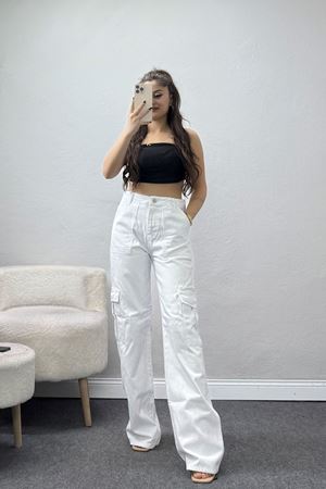 Kargo Cep Palazzo Kot Pantolon Beyaz - 42681.1836.