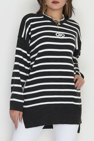 Çizgili Nakışlı Triko Tunik Antrasit - 4041.1247.