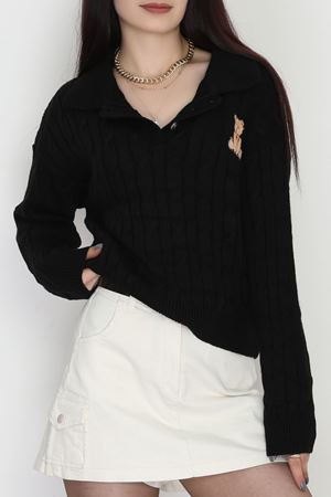 Saç Örgü Nakışlı Triko Kazak Siyah - 2162.1247.