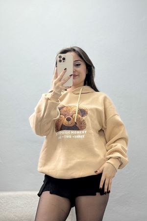 3 İplik Kapşonlu Baskılı Sweat Bej - 42220.1878.