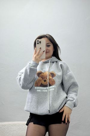 3 İplik Kapşonlu Baskılı Sweat Gri - 42220.1878.