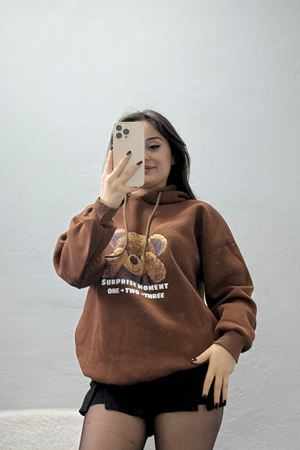 3 İplik Kapşonlu Baskılı Sweat Kahve - 42220.1878.