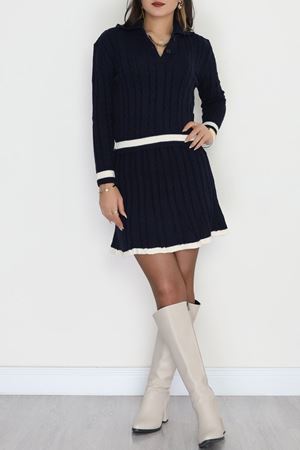 Gömlek Yaka Etekli Triko Takım Lacivert - 2300.1247.