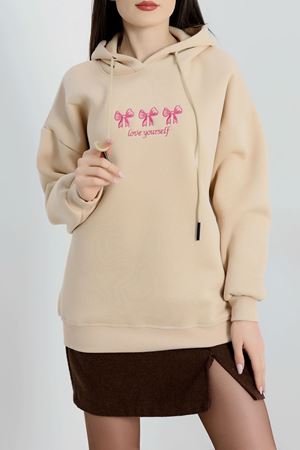 3 İplik Kapşonlu Nakışlı Sweat Bejpembe - 42219.1878.