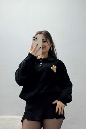 Saç Örgü Nakışlı Triko Kazak Siyah - 2162.1247.