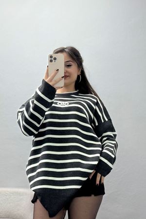 Çizgili Nakışlı Triko Tunik Antrasit - 4041.1247.