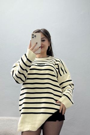 Çizgili Nakışlı Triko Tunik Bej - 4041.1247.