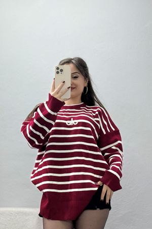 Çizgili Nakışlı Triko Tunik Bordo - 4041.1247.