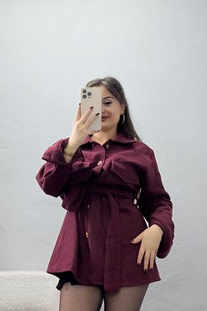 Çift Cepli Kuşaklı Tunik Gömlek Bordo - 70991.1775.