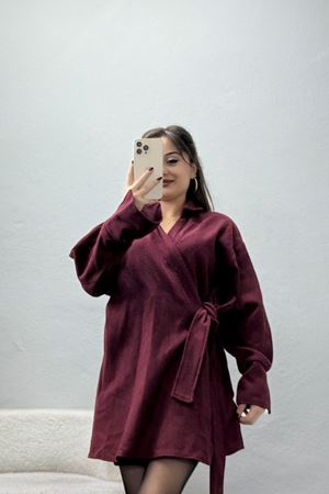 Bağlamalı Kruvaze Yaka Kaşe Ceket Bordo - 70993.1775.