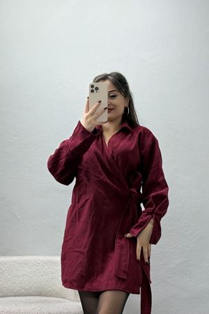 Bağlamalı Kruvaze Yaka Kaşe Ceket Bordo1 - 70993.1775.