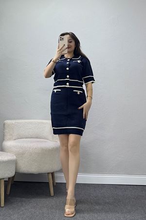 Gold Düğmeli Etekli Triko Takım Lacivert - 2001.1247.