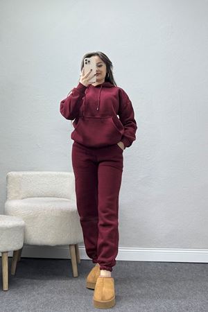 Kapşonlu 3 İplik Eşofman Takımı Bordo - 20965.1878.