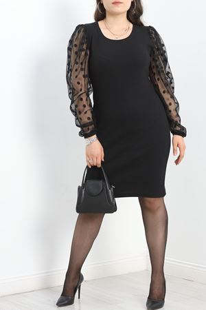 Büyük Beden Kolu Puantiyeli Tüllü Elbise Siyah - 40270.316.