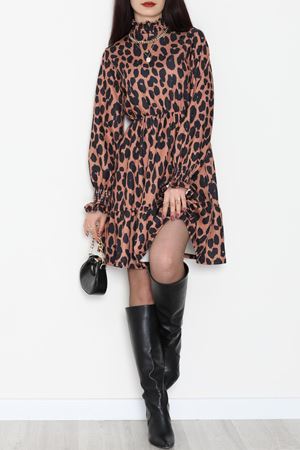 Yarım Balıkçı Yaka Leopar Desenli Modal Elbise Leopar - 42679.1256.