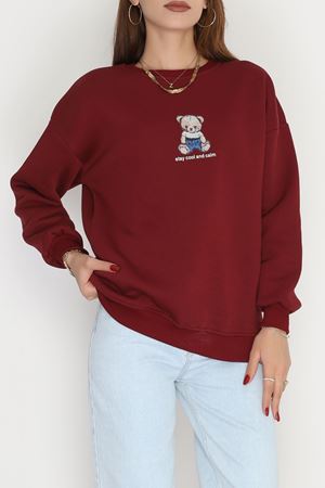3 İplik Bisiklet Yaka Sweat Bordo - 42237.1878.
