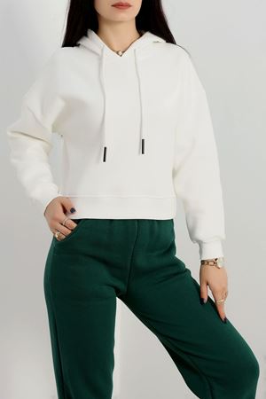 3 İplik Kapşonlu Crop Sweat Ekru - 20959.1878.