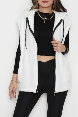 Fermuarlı Kapşonlu Peluş Yelek Beyaz - 51059.701.