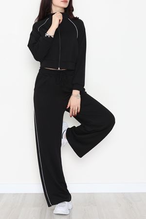 Biyeli Crop Eşofman Takımı Siyah - 4130.1247.