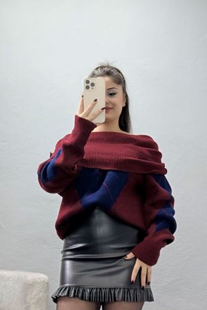 Madonna Yaka Baklava Desen Triko Bordolaci - 2123.1765.