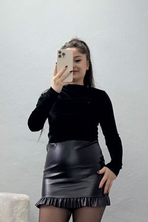 Balıkçı Yaka Uzun Kol Kadife Bluz Siyah - 3641.1595.