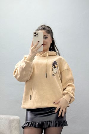 3 İplik Kapşonlu Baskılı Sweat Bej - 42222.1878.