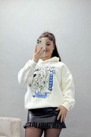 3 İplik Kapşonlu Baskılı Sweat Ekru - 42224.1878.