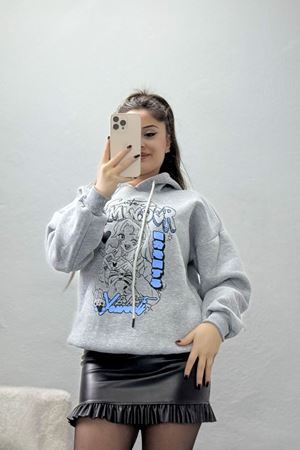 3 İplik Kapşonlu Baskılı Sweat Gri - 42224.1878.