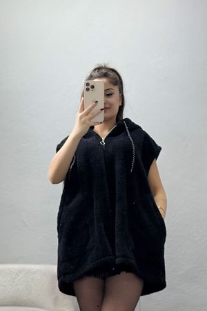 Fermuarlı Kapşonlu Peluş Yelek Siyah - 51059.701.