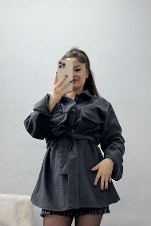 Çift Cepli Kuşaklı Tunik Gömlek Füme - 70991.1775.