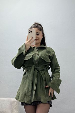 Çift Cepli Kuşaklı Tunik Gömlek Haki - 70991.1775.