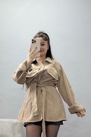 Çift Cepli Kuşaklı Tunik Gömlek Vizon - 70991.1775.