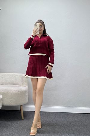 Gömlek Yaka Etekli Triko Takım Bordo - 2300.1247.