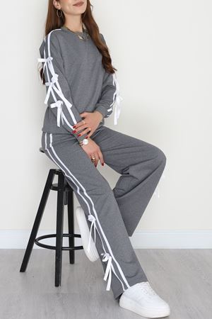 Özel Tasarım İki İplik Kurdele Detay Eşofman Takım Füme - 70164.1857.