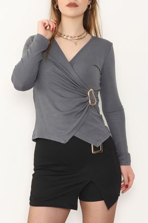 Buzzy Kumaş V Yaka Tokalı Bluz Antrasit - 1061.2119.